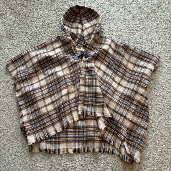 Aerie Hooded Poncho Plaid Patchwork Shall Cape Wrap Toggle Front Closure Size OS - Picture 3 of 9
